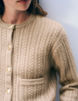CASHMERE LUXE CABLE CARDIGAN IN TAUPE HEATHER