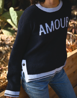 AMOUR INTARSIA SWEATER W/ BUTTON SIDE SLITS IN NAVY
