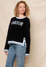 AMOUR INTARSIA SWEATER W/ BUTTON SIDE SLITS IN NAVY