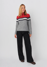 FUNNEL NECK W/ CHEST STRIPES & CABLES SWEATER