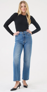 RIB STRIPE L/S TEE IN BLACK/CHAR HEATHER