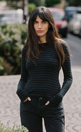 RIB STRIPE L/S TEE IN BLACK/CHAR HEATHER