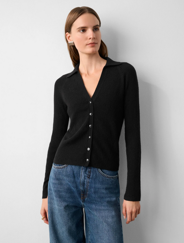 CASHMERE RIBBED POLO TOP IN BLACK