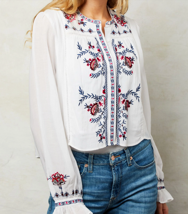 LUANNE EMBROIDERED LS/S TOP IN WHITE KARINA