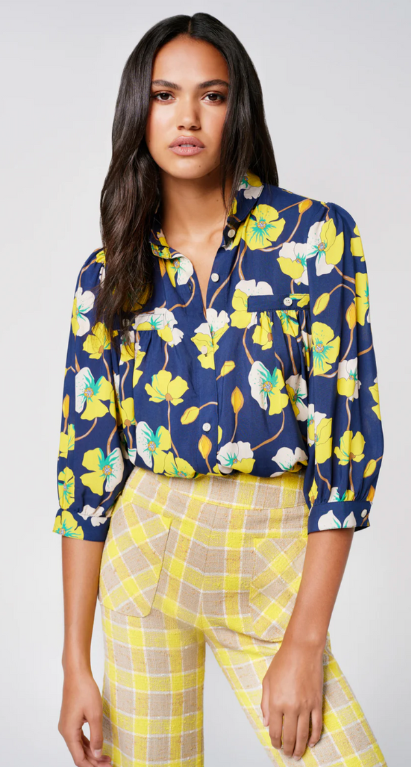 SHIRRED POCKET BLOUSE IN NAVY BUTTERCUP