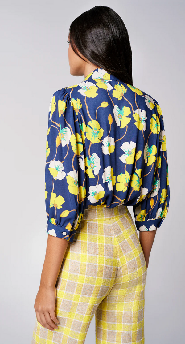 SHIRRED POCKET BLOUSE IN NAVY BUTTERCUP