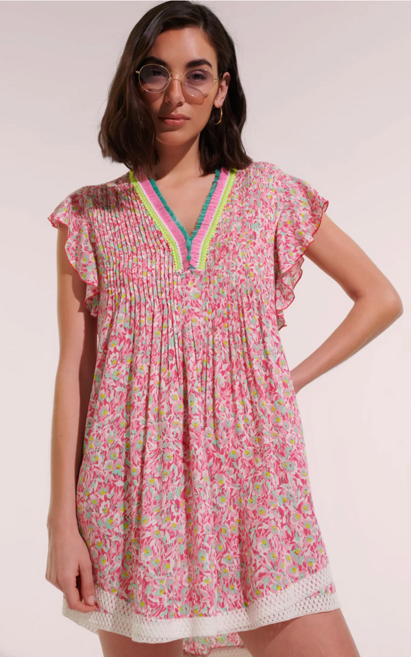 MINI DRESS SASHA V PINK OCEAN FLOWERS VISCOSE