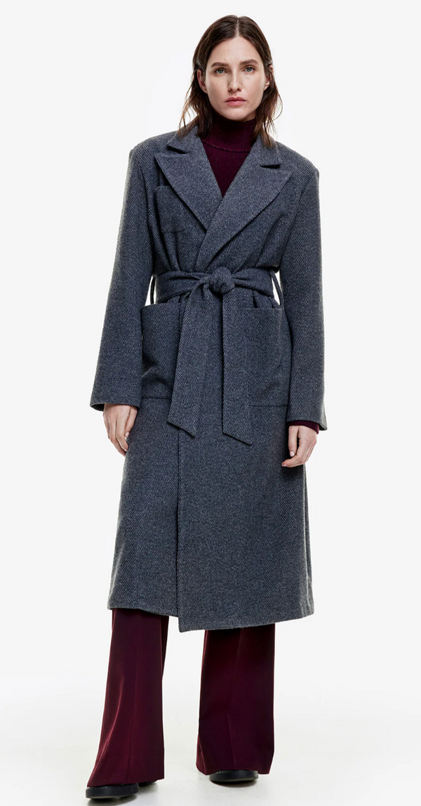 BELTED WRAP COAT IN SLATE HERRINGBONE