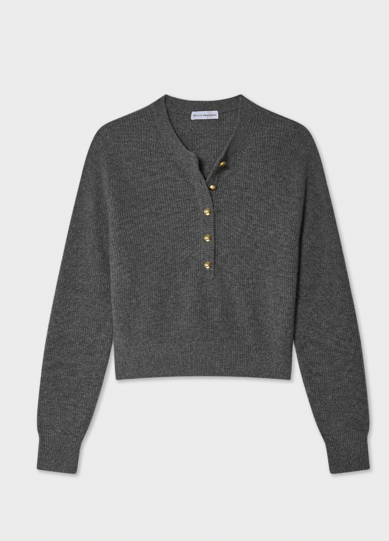 CASHMERE GOLD BUTTON CARDIGAN IN GRAPHITE HEATHER