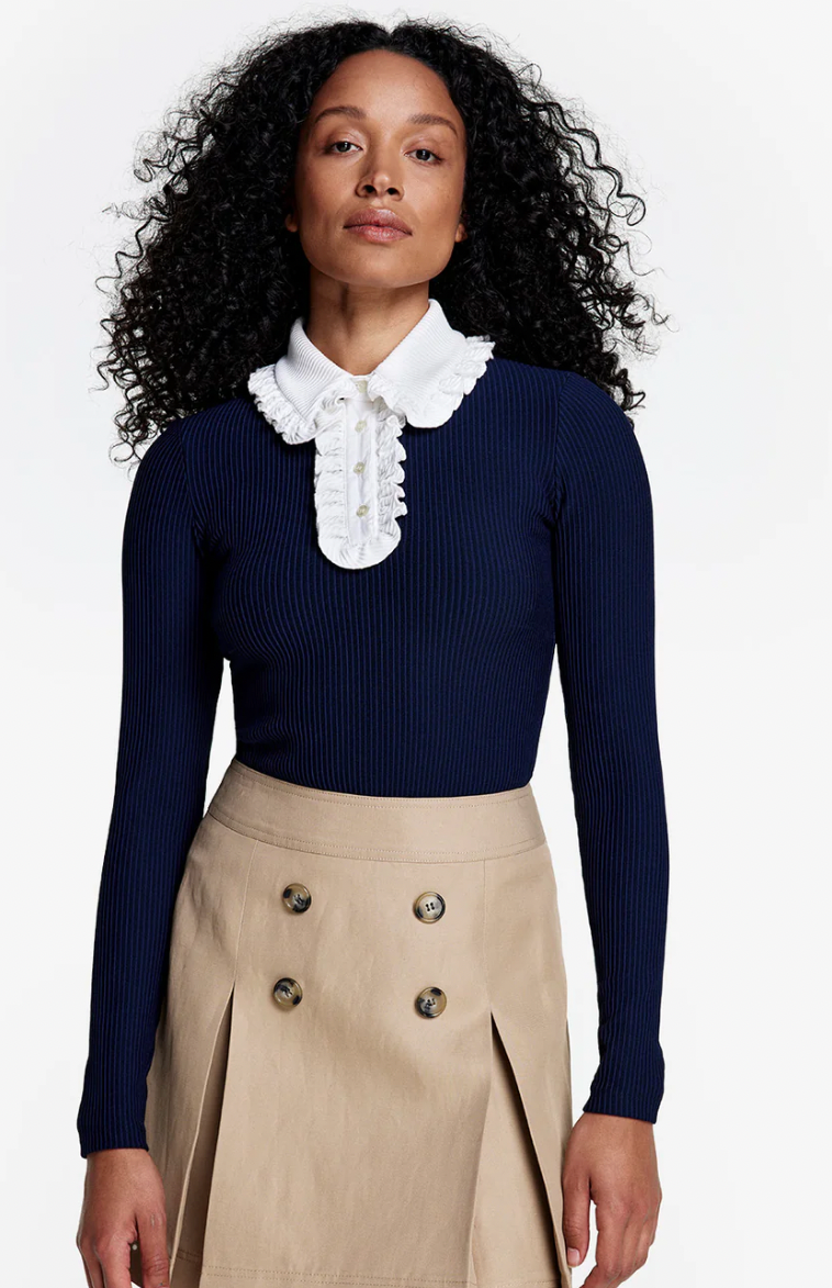 RUFFLE POLO KNIT TOP - NAVY W/ IVORY