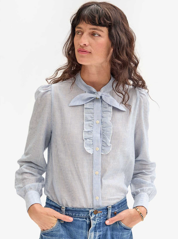 PIA BLOUSE - POWDER BLUE AND CREAM COTTON STRIPE