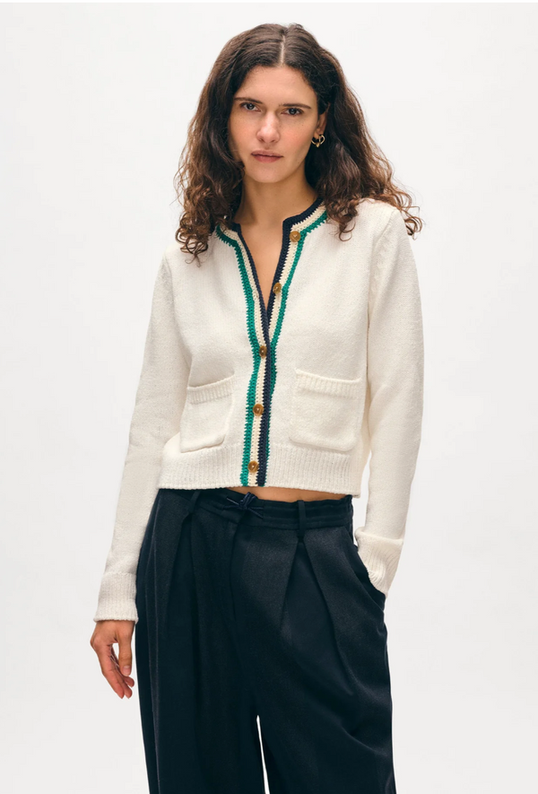 LOFTY COTTON CROCHET TRIM CARDIGAN IN IVORY/NAVY/TEAL
