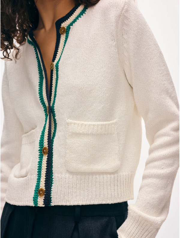 LOFTY COTTON CROCHET TRIM CARDIGAN IN IVORY/NAVY/TEAL