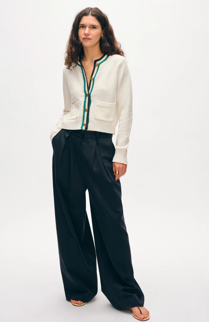 LOFTY COTTON CROCHET TRIM CARDIGAN IN IVORY/NAVY/TEAL