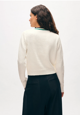 LOFTY COTTON CROCHET TRIM CARDIGAN IN IVORY/NAVY/TEAL