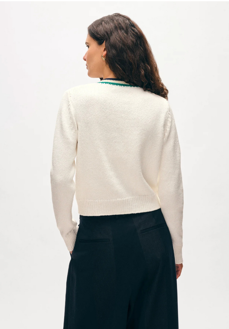 LOFTY COTTON CROCHET TRIM CARDIGAN IN IVORY/NAVY/TEAL