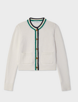 LOFTY COTTON CROCHET TRIM CARDIGAN IN IVORY/NAVY/TEAL