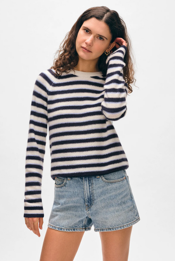 CASHMERE STRIPED SWEATSHIRT IN SOFT WHITE COMBO
