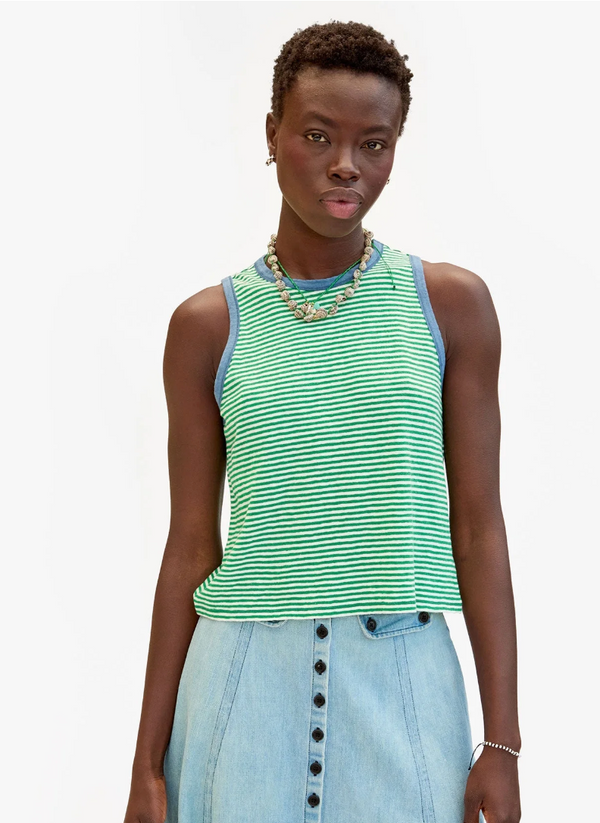 CAMP FIT TANK IN GREEN/CREAM COTTON LINEN MINI STRIPE