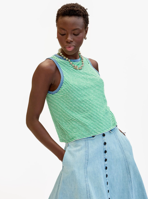 CAMP FIT TANK IN GREEN/CREAM COTTON LINEN MINI STRIPE