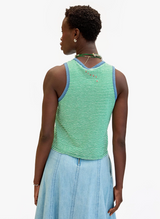 CAMP FIT TANK IN GREEN/CREAM COTTON LINEN MINI STRIPE