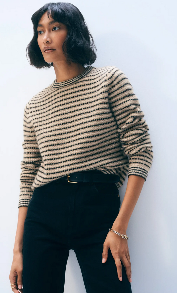 CASHMERE TEXTURED STRIPE CREW IN NEURTRAL COMBO