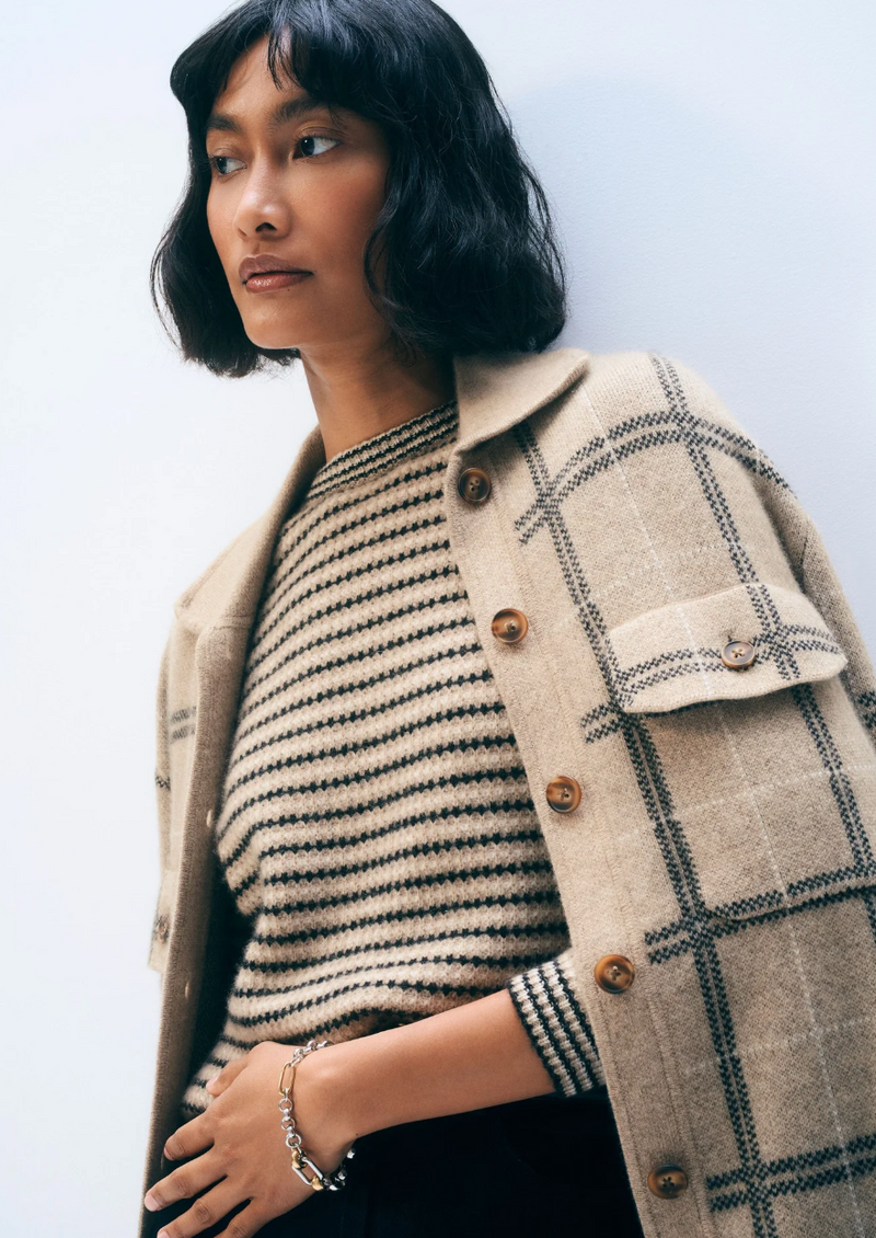CASHMERE TEXTURED STRIPE CREW IN NEURTRAL COMBO