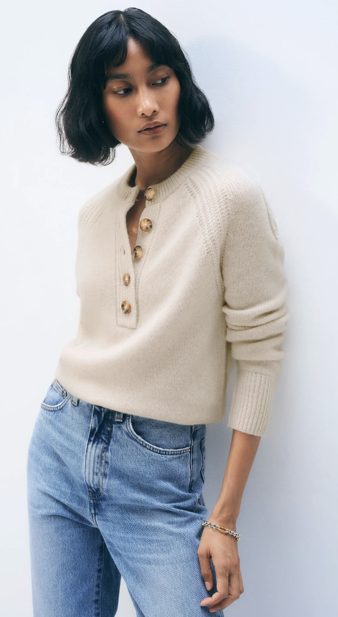 CASHMERE LUXE HENLEY IN NATURAL HEATHER