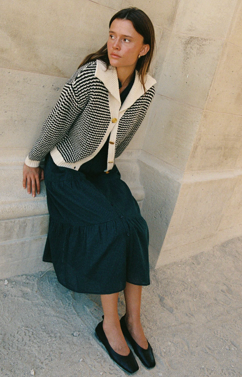 SAVANNAH CARDIGAN IN ANT WHT/BLACK STRPE