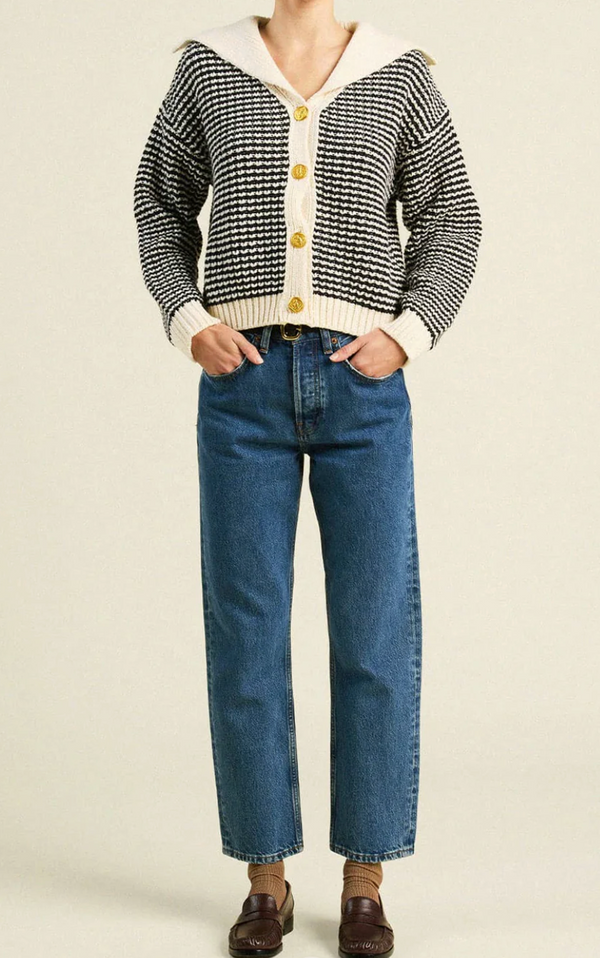 SAVANNAH CARDIGAN IN ANT WHT/BLACK STRPE