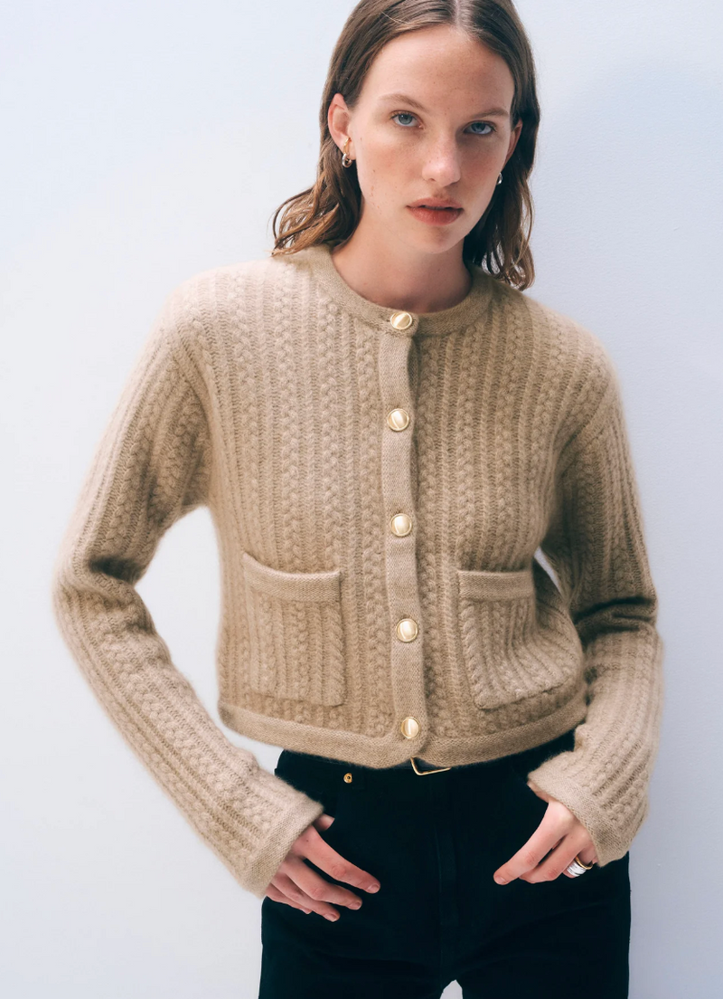 CASHMERE LUXE CABLE CARDIGAN IN TAUPE HEATHER