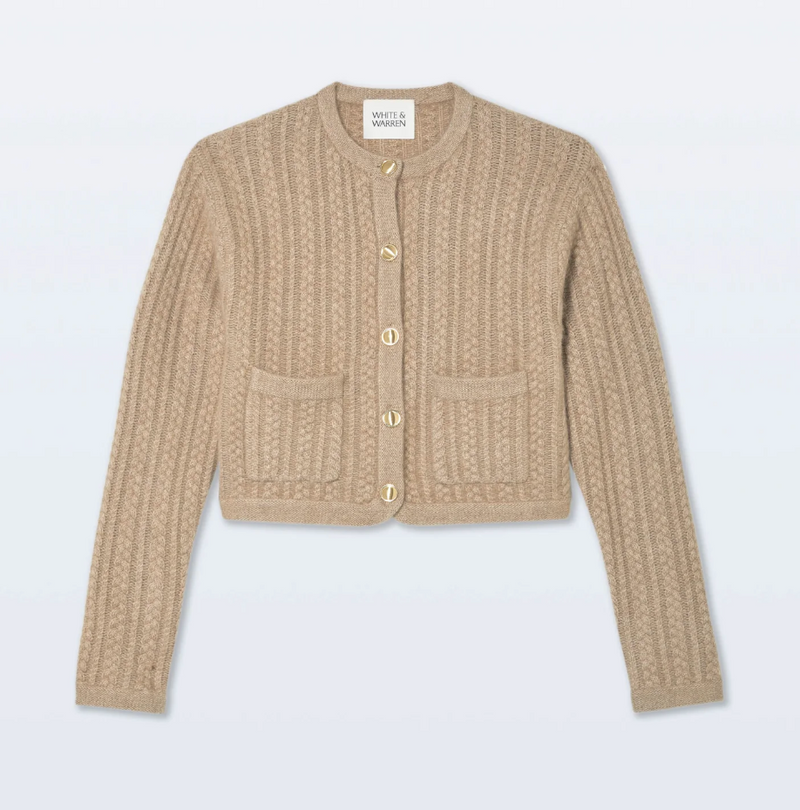 CASHMERE LUXE CABLE CARDIGAN IN TAUPE HEATHER