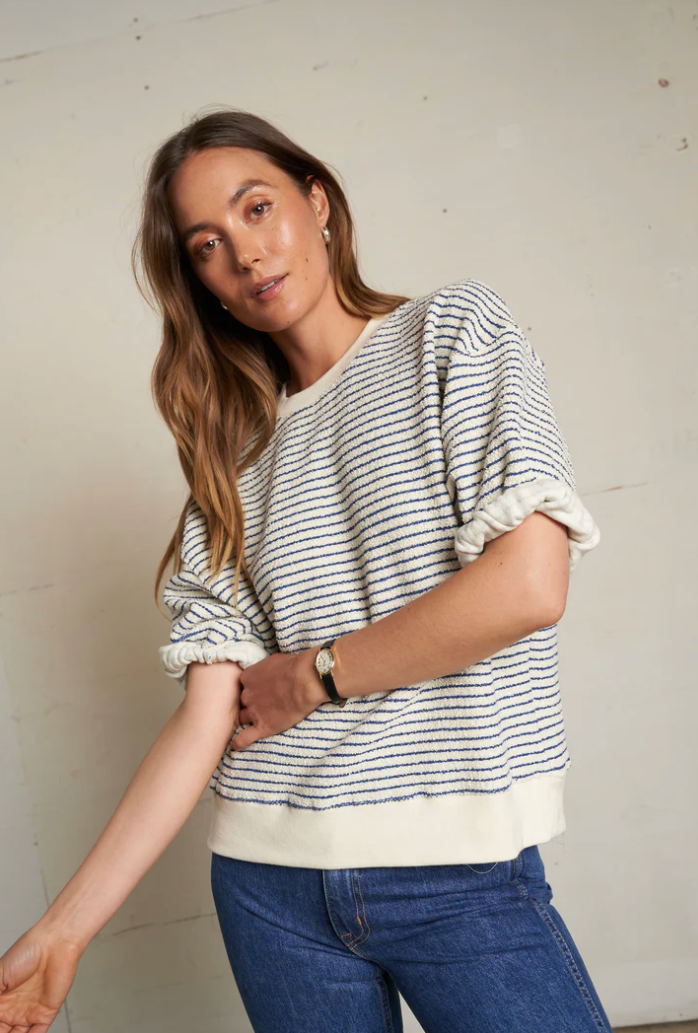 REBECCA - FRENCH TERRY STRIPE 3/4 PUFF SLEEVE SWEATSHIRT IN GREEN STRIPE