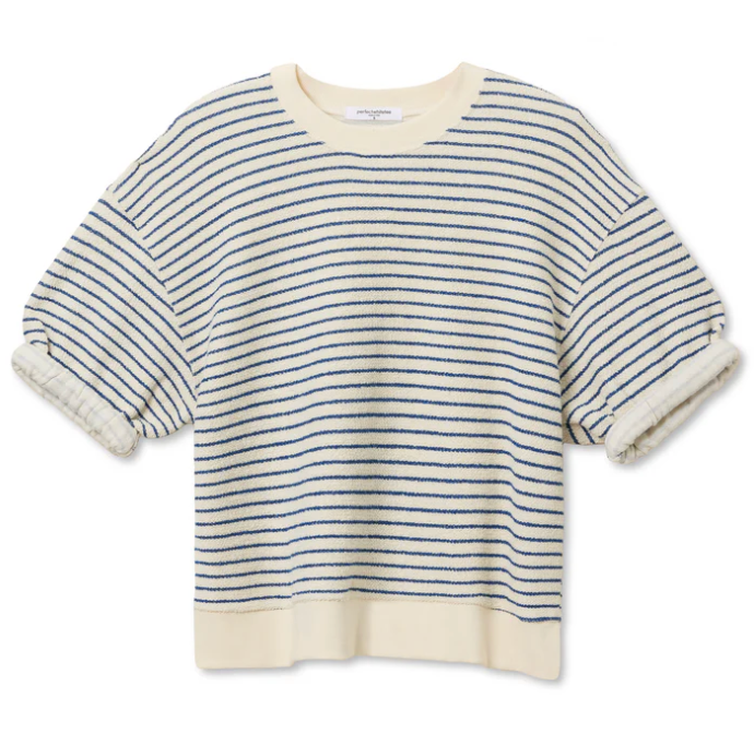 REBECCA - FRENCH TERRY STRIPE 3/4 PUFF SLEEVE SWEATSHIRT IN GREEN STRIPE