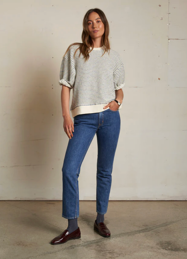 REBECCA - FRENCH TERRY STRIPE 3/4 PUFF SLEEVE SWEATSHIRT IN GREEN STRIPE