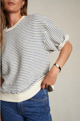 REBECCA - FRENCH TERRY STRIPE 3/4 PUFF SLEEVE SWEATSHIRT IN GREEN STRIPE