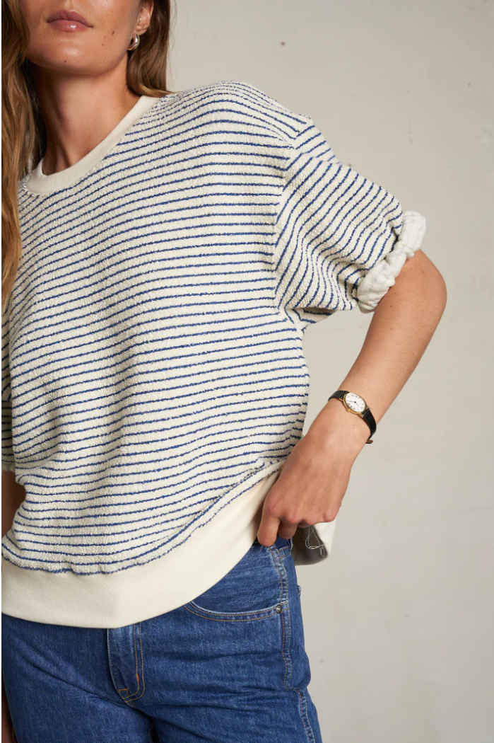 REBECCA - FRENCH TERRY STRIPE 3/4 PUFF SLEEVE SWEATSHIRT IN GREEN STRIPE