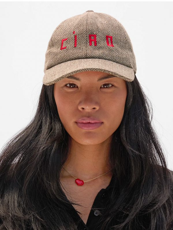 Wool Baseball Hat - Embroidered Ciao in Taupe
