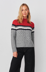 FUNNEL NECK W/ CHEST STRIPES & CABLES SWEATER