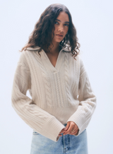 CASHMERE CABLE LONGSLEEVE POLO IN NATURAL HEATHER