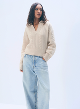 CASHMERE CABLE LONGSLEEVE POLO IN NATURAL HEATHER