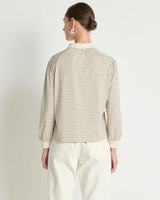 CECILIA COLLARED TOP IN ESPRESSO PINSTRIPE