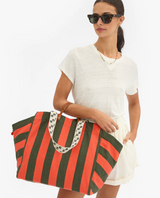 La Cote Tote - Canvas Stripe in Army/Bright Poppy