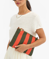 Flat Clutch w/ Tabs - Canvas Stripe in Army/Bright Poppy