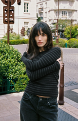 RIB STRIPE L/S TEE IN BLACK/CHAR HEATHER