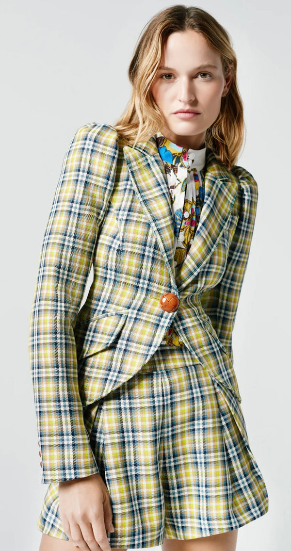 POUF SLEEVE ONE BUTTON BLAZER IN LIME PLAID