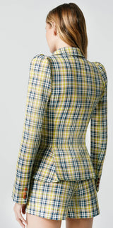 POUF SLEEVE ONE BUTTON BLAZER IN LIME PLAID